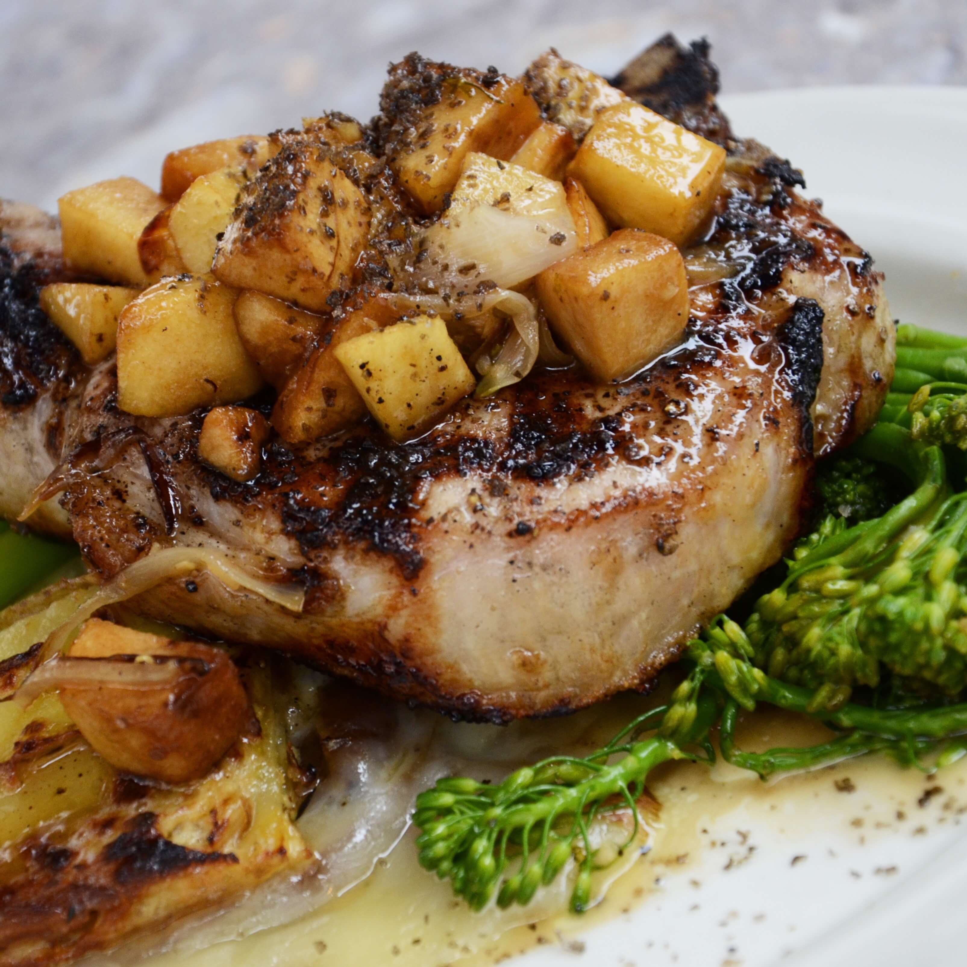 Herb-Crusted Pork Chops with Garlic Mashed Potatoes and Steamed Broccoli